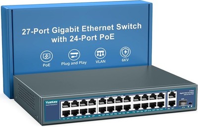 24 Port Gigabit PoE Switch Unmanaged, YuanLey 27-Port Gigabit PoE mit 2 Uplink