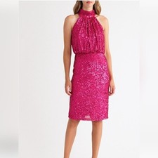 New Eliza J Hot Pink Sequin Halter Neck Cocktail Dress sz 4