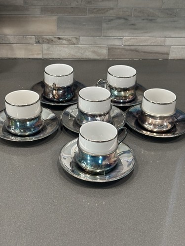 Vintage Italian Tognana Espresso Porcelain cups w Silver Plated Base Lot Of 14 - Picture 1 of 7