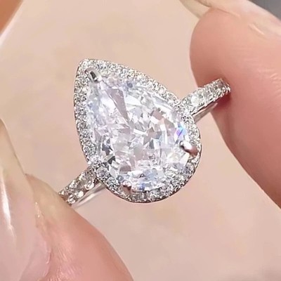 3.20 CTW Pear Cut Moissanite 14K White Gold Plated Halo Engagement Wedding Ring