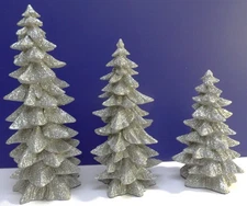 Christmas Silver EVERGREEN Trees. 6"  to 9.5" RAZ Imports, GLISTENS! Set of 3.