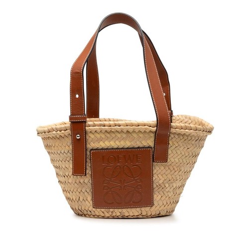Loewe Anagram Basket Bag Small Handbag Beige Brown Raffia Leather Ladies Used