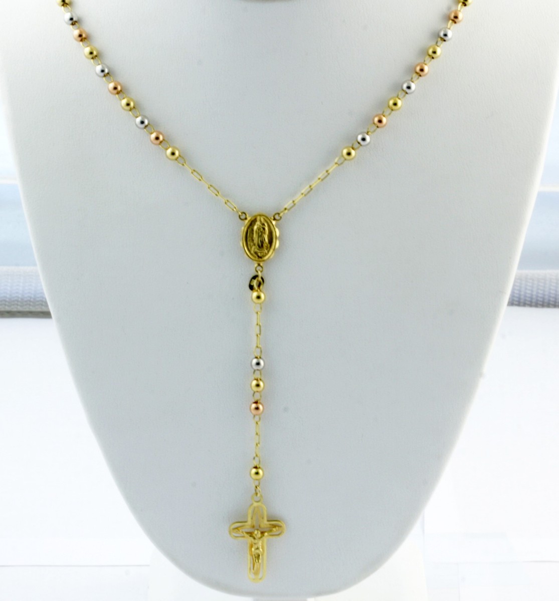 gm 14k Tri Color Gold Rosary Necklace Beads mm 26