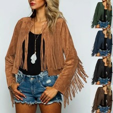 Womens Suede Tops Jackets Fashion Fringed Long Sleeve Tassel Retro Overcoat SIZE