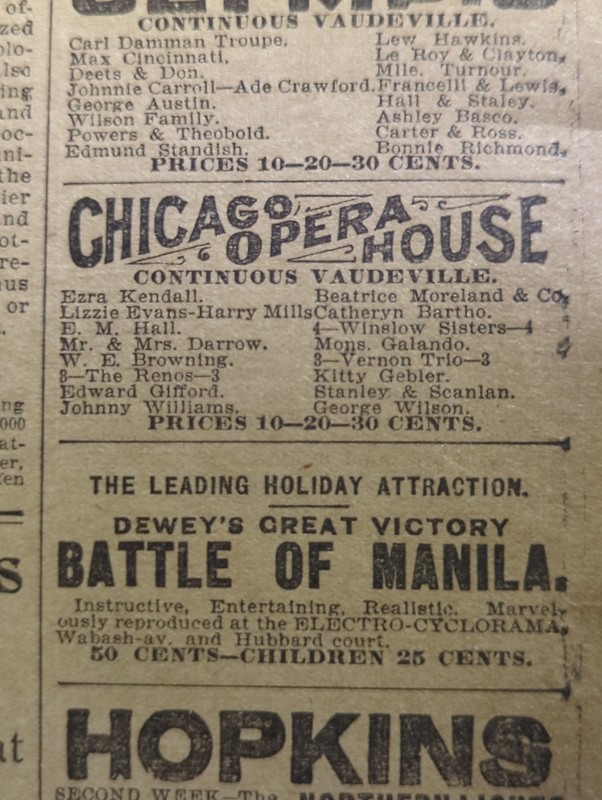 JAN 5, 1899  NEWSPAPER PAGE #2923- ED RENO MAGICIAN, CHICAGO OPERA HOUSE LIVE 