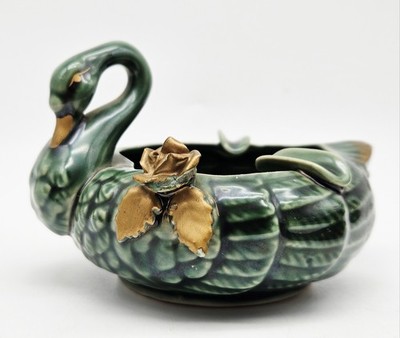 Vintage Green Swan Ashtray Gold Rose Flower Jade Green Art Decor Porcelain 60's