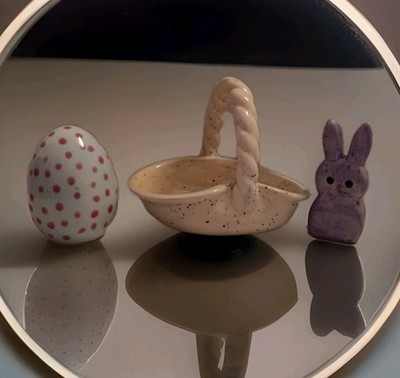 Vintage Ceramic Easter Set With Speckled Basket, Purple Peep And Egg Handpainted
