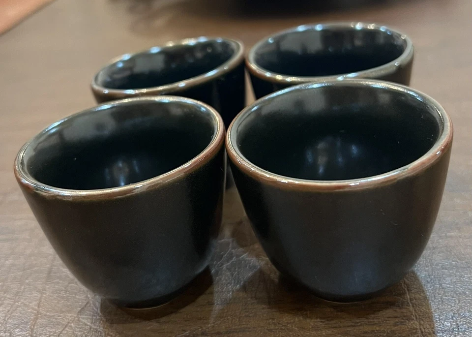 Crate And Barrel Teapot Set With 4 Cups Black With  Brown Rim - Image 3 of 4