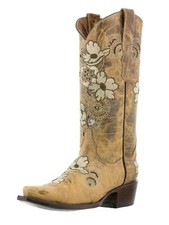 Womens Sand Flower Embroidery Distressed Western Leather Cowgirl Boots Snip Toe