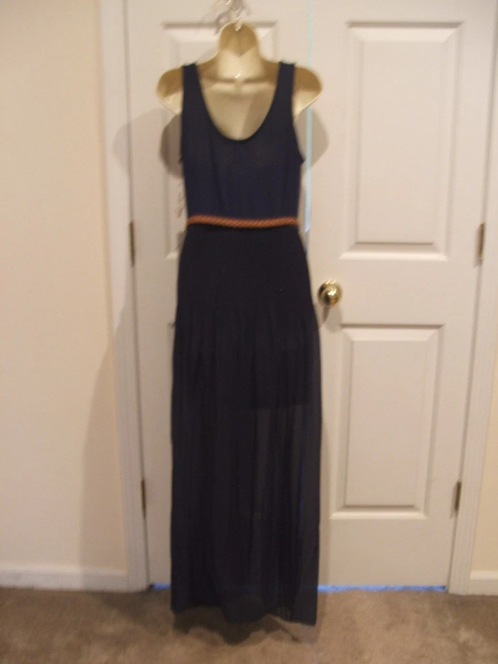 Vestido maxi saia transparente plissado com cinto azul marinho reinado como você deseja novo com etiquetas grande - Imagem 2 de 2