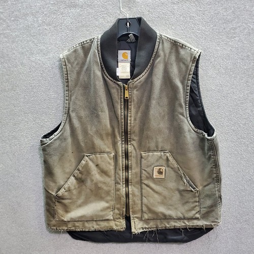 VINTAGE Carhartt Men Vest XL Gray Canvas Quilt Lined Full Zip