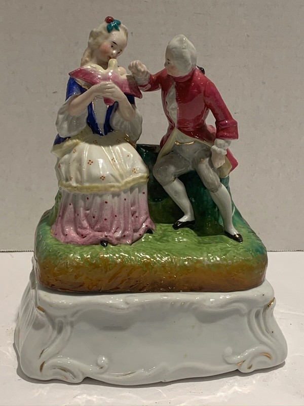 Antique Porcelain Inkwell of  a Couple  with  Bird