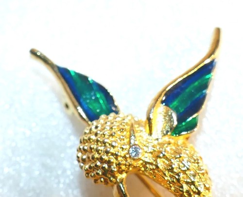 Hummingbird Gold Tone Green Enamel Brooch Pin 1.5" Vintage Rhinestone Eye Bird - Picture 5 of 9