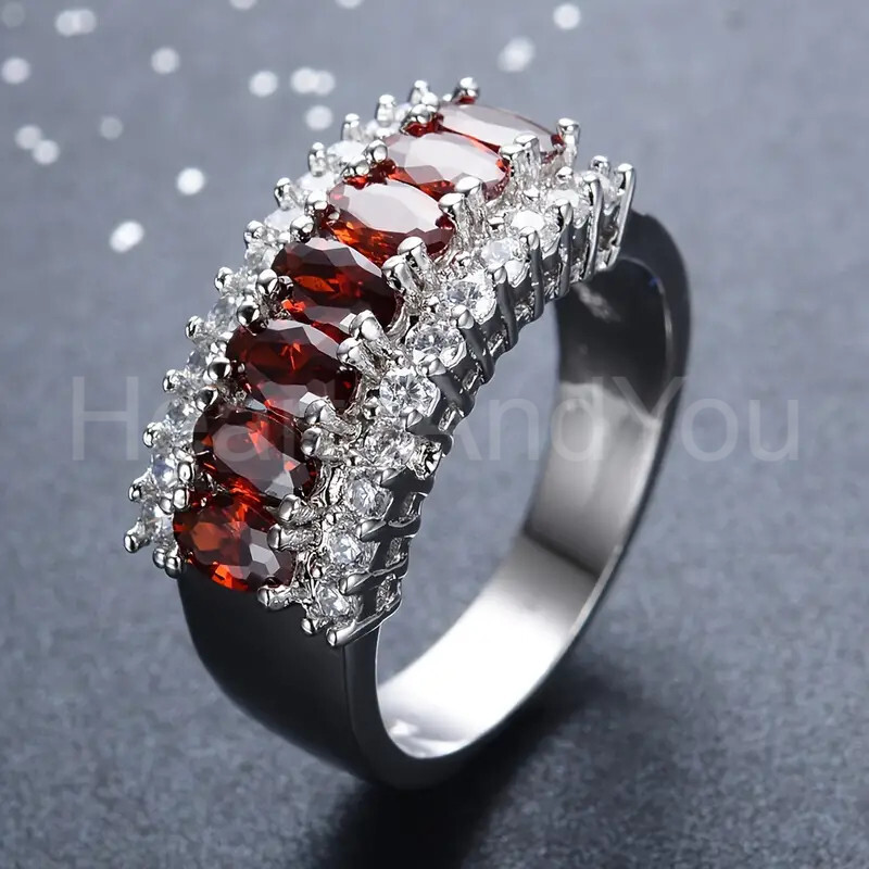 5ct Oval Garnet Diamond Engagement Ring in Sterling Silver