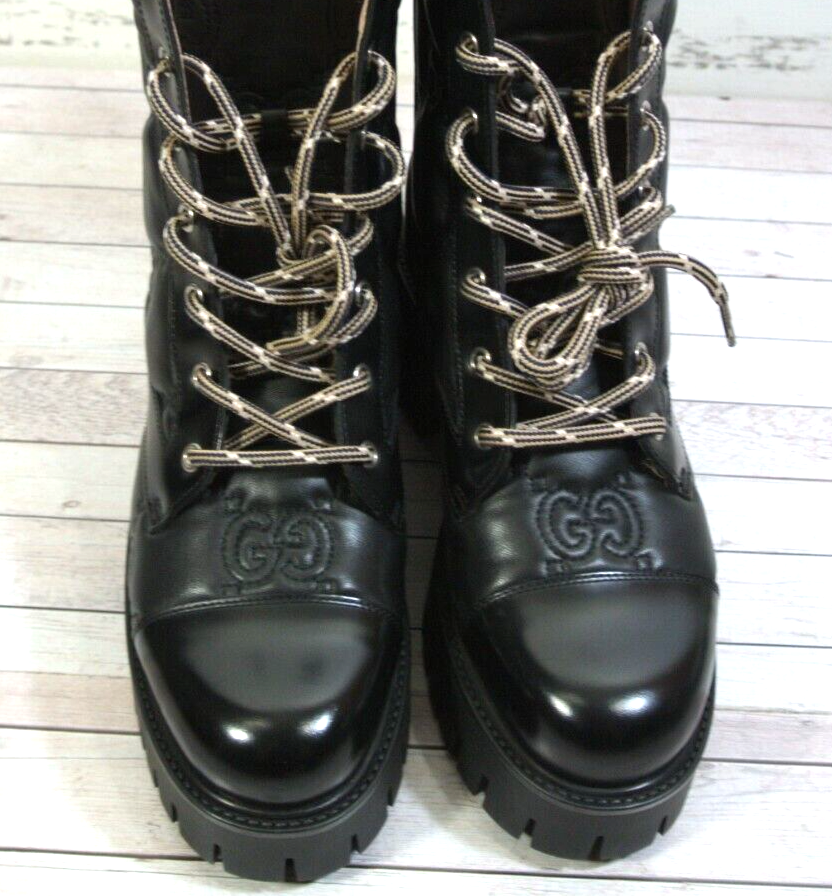 AUTHENTIC GUCCI BLACK QUILTED LACE UP LEATHER GG LOGO COMBAT BOOTS