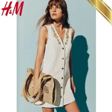 H&M Embroidery-Detail Denim Dress Button Up Short Women White - H&M Original