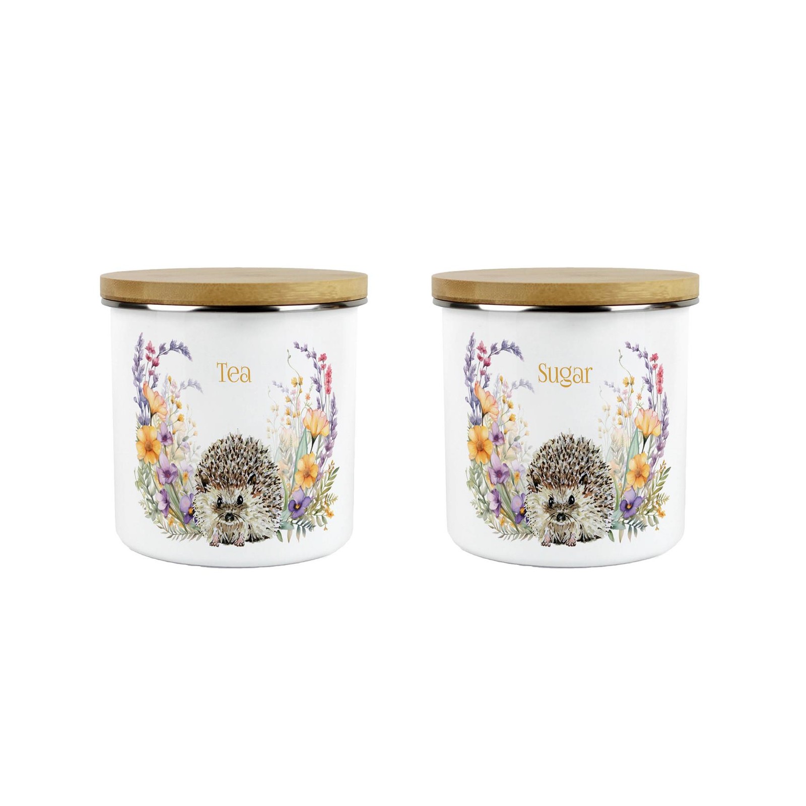 Floral Hedgehog Tea & Sugar Canisters Set - Cute Wildlife Kitchen Storage Gift