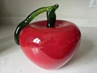 VTG Large Murano Style Art Glass Hand Blown Fruit Red Apple Green Stem & Leaf 7"