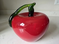VTG Large Murano Style Art Glass Hand Blown Fruit Red Apple Green Stem  Leaf 7"