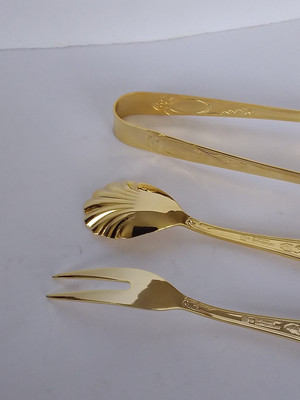 HARTVER GOLDET 23/24 K Gold Plated Flatware Fork, Spoon, & Tong