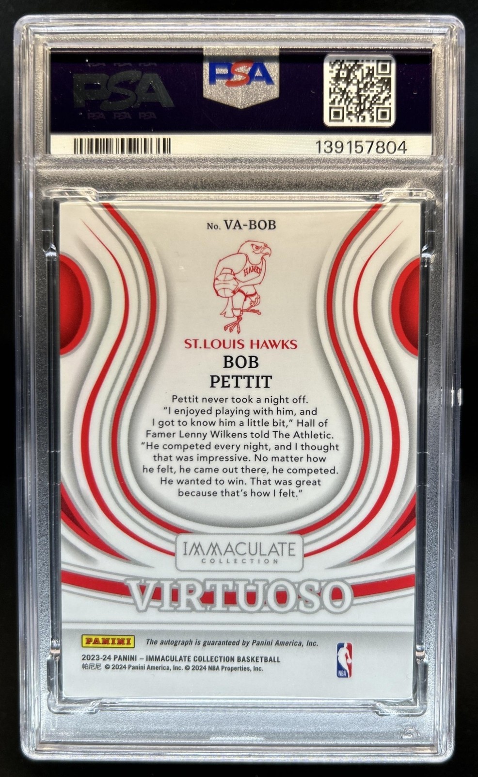 2023-24 Panini Immaculate Bob Pettit Virtuoso Auto Autograph #/49 PSA 9 10 view 2