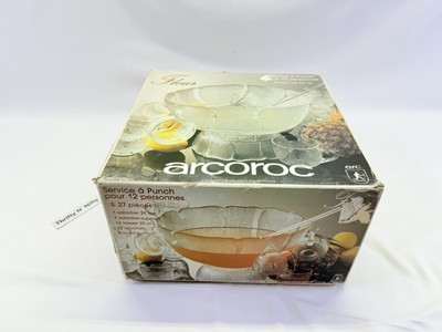 Vtg Arcoroc Fleur Punch Bowl Set - 12 Glass Cups and Punch Bowl France Open Box 