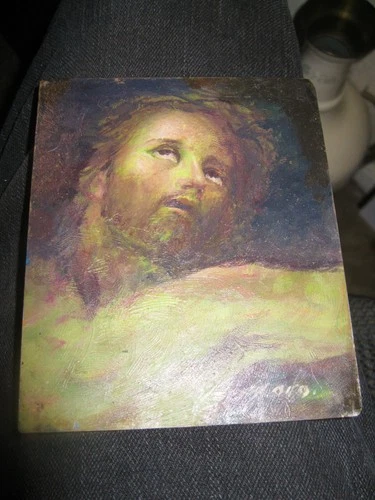 VINTAGE RETABLO ON TIN BY ''MORO'' SIGNED  IMAGE OF JESUS ON THE CROSS