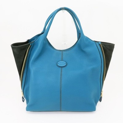 Tod's Handbag Tote Bag Medium Blue Black Leather Gold Hardware