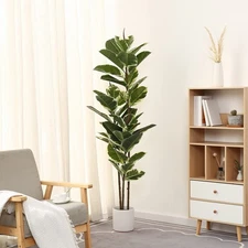 Artificial Rubber Tree Plant 5ft Tall Faux Ficus Tree Potted Fake Tropical Pl...