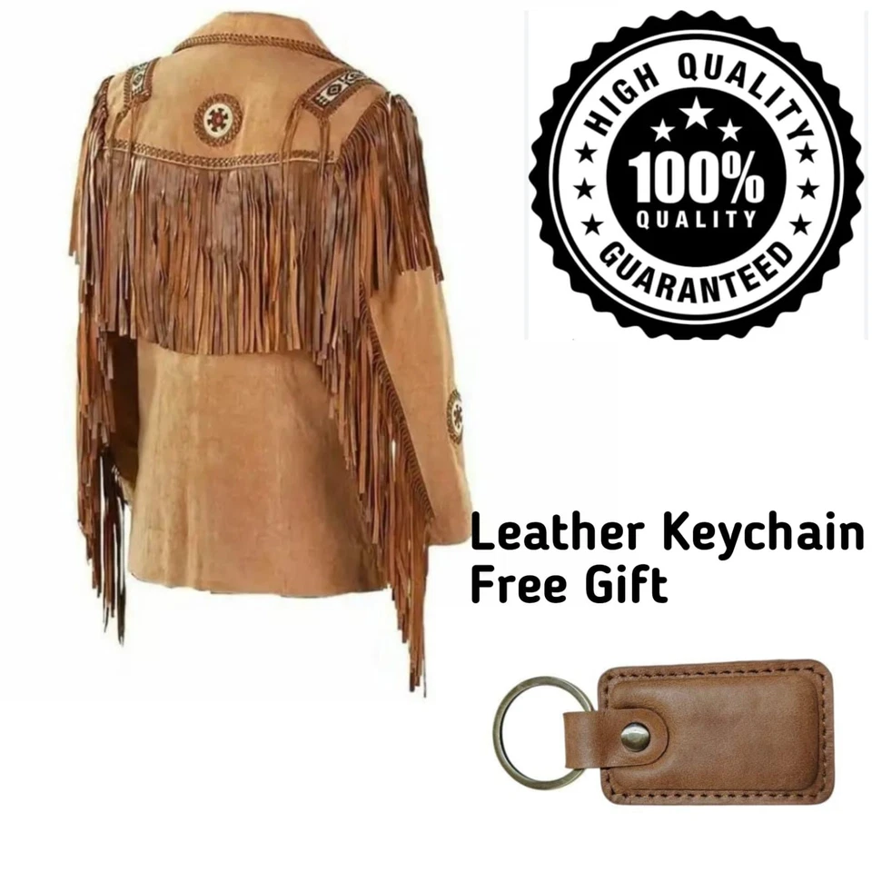 Men Western Cowboy Eagle Beaded & Suede Leather Jacket With Fringe - Image 2 of 4