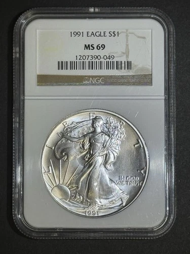 1991 American Silver Eagle S$1 Coin, NGC MS69 Brown Label
