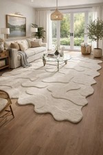 Hand Tufted Wool Rug Cream Ivory Modern Abstract Sculpted Area Rug living room