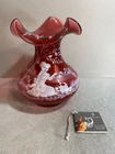 Fenton Cranberry Glass Hand Painted / Signed/#556 Vase Mary Gregory Girl w/ Cat