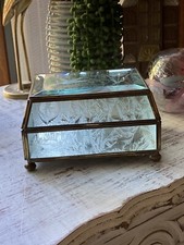 Vtg Brass Glass Etched Bevel Jewelry Trinket Box Ice Frost Sides Mirror Bottom
