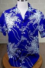 Hilo Hattie Vintage 1970 Blue White Hibiscus Hawaiian Aloha Shirt M Camp Cruise