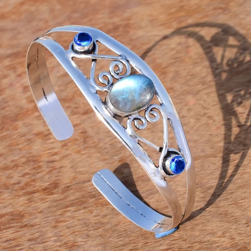 Labradorite & Tanzanite Gemstone 925 Sterling Silver Bangle Cuff For Her Gift - Picture 2 of 5