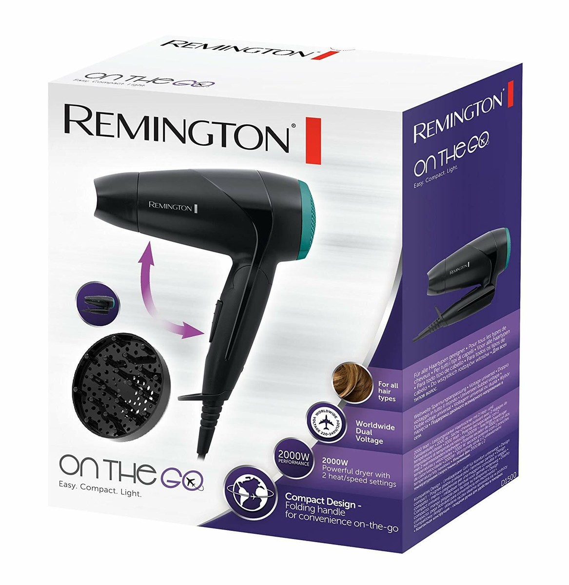 Remington Travel Hair Dryer With Diffuser Compact Folding Handle
