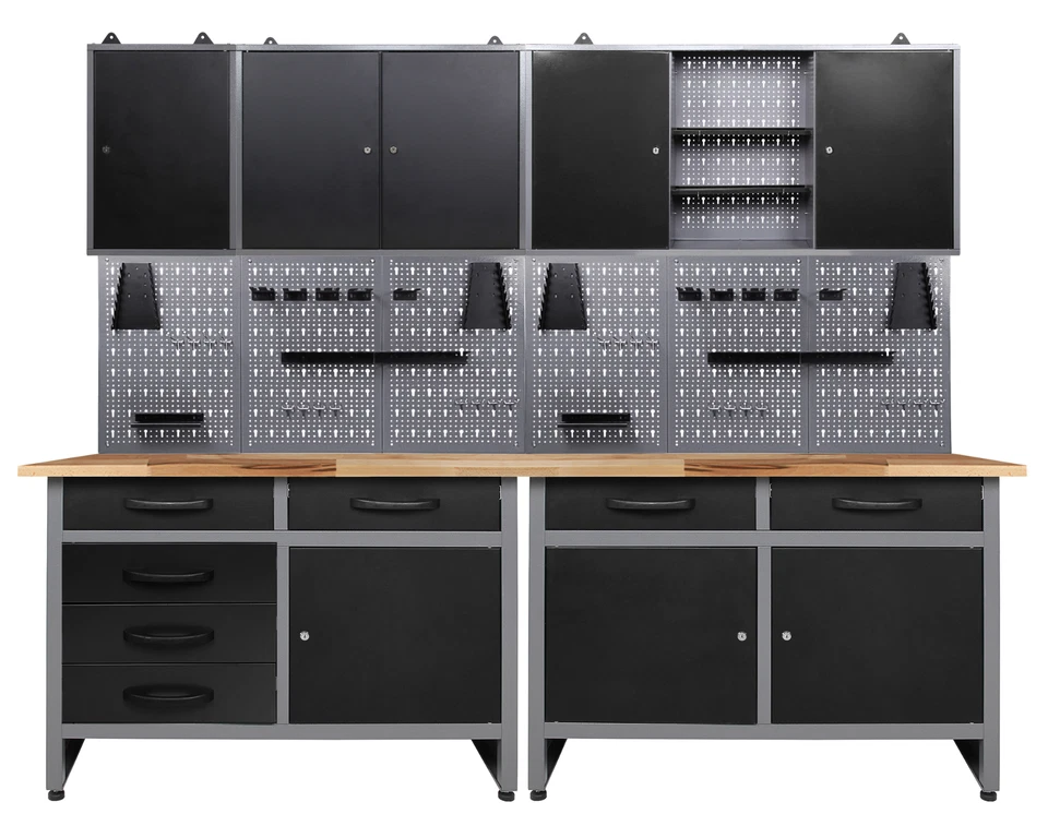 Ondis24 Werkstatt Set 240cm 2x Werkbank Metall 3x Werkzeugschrank Lochwand Haken