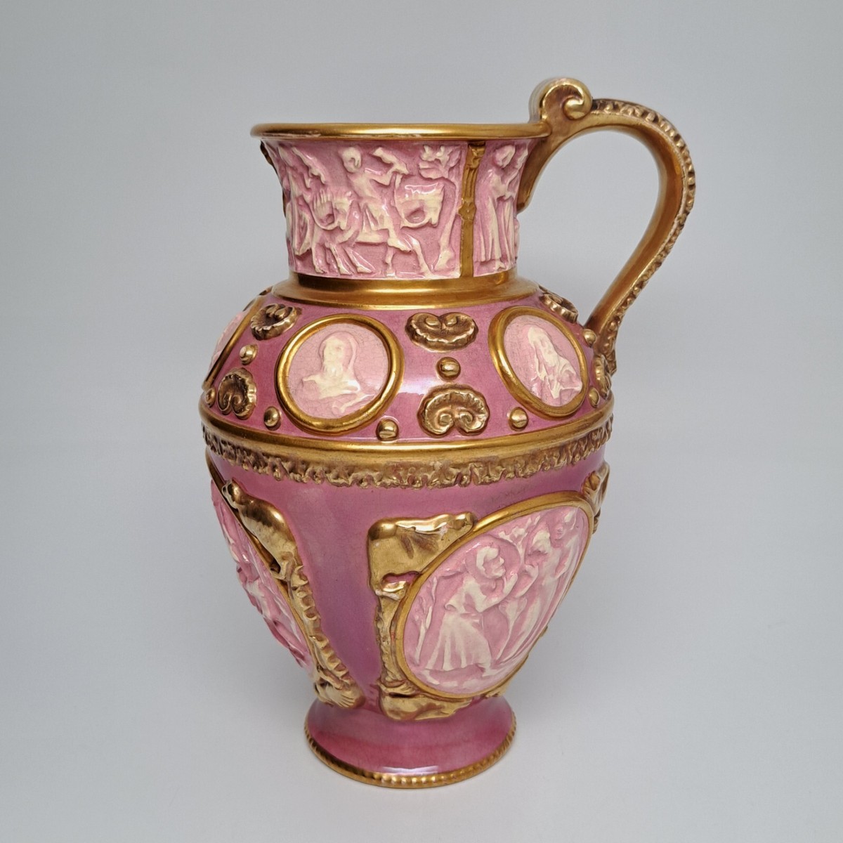 Antique 1880s Zsolnay Pottery Old Ivory Pink & Gold Pitcher Vase 8