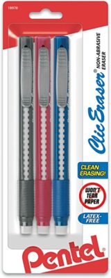 Pentel Clic Eraser Grip Pen Eraser, Assorted Colors, Pack of 3 Erasers