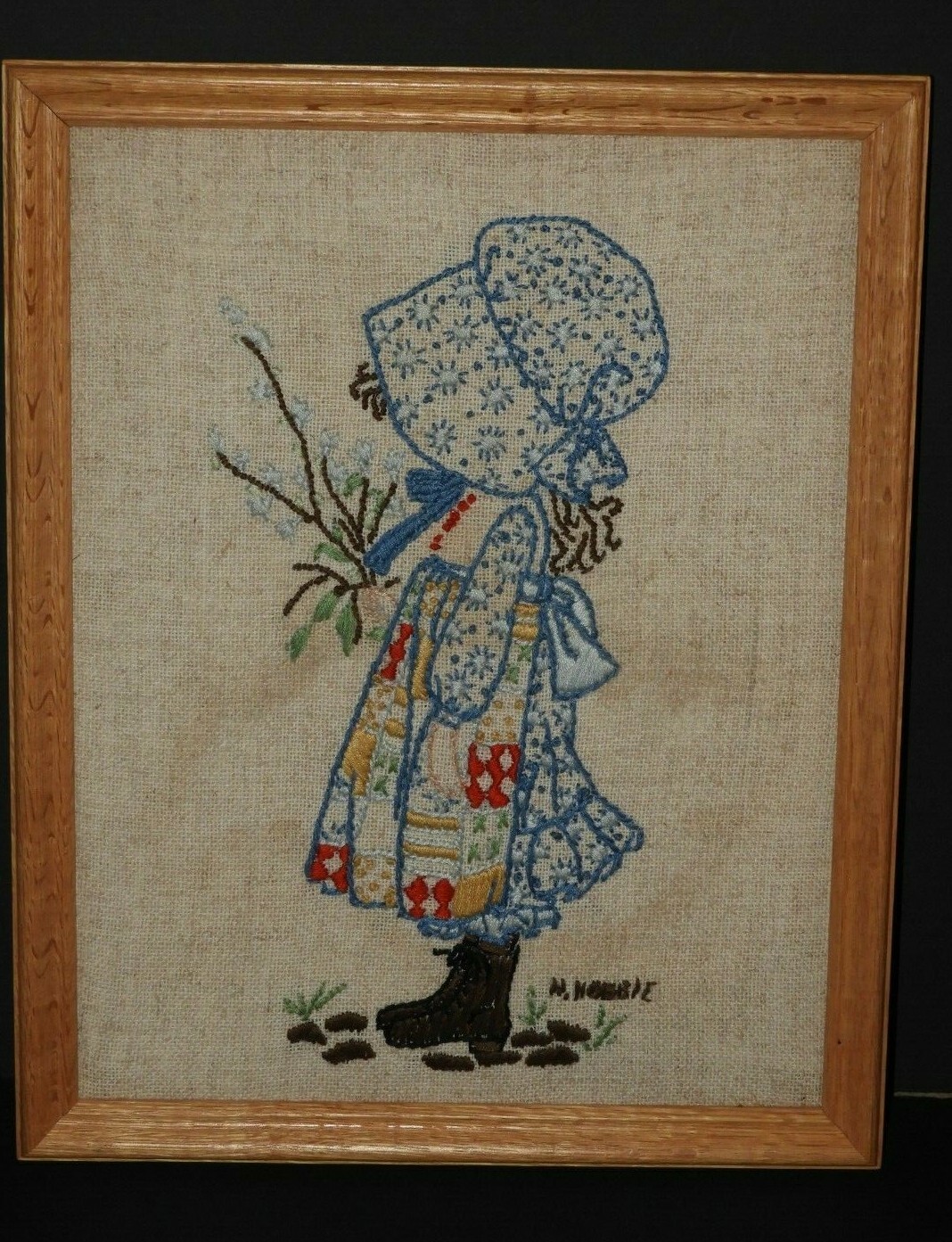 Vintage HOLLY HOBBIE Handmade Framed Crewel Needlepoint PIcture 12 x 15