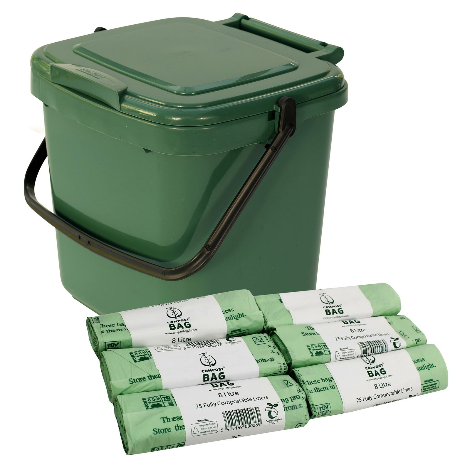 7 Litre Green Kitchen Compost Caddy/Food Bin&150x 8L Compostable Bags-7L