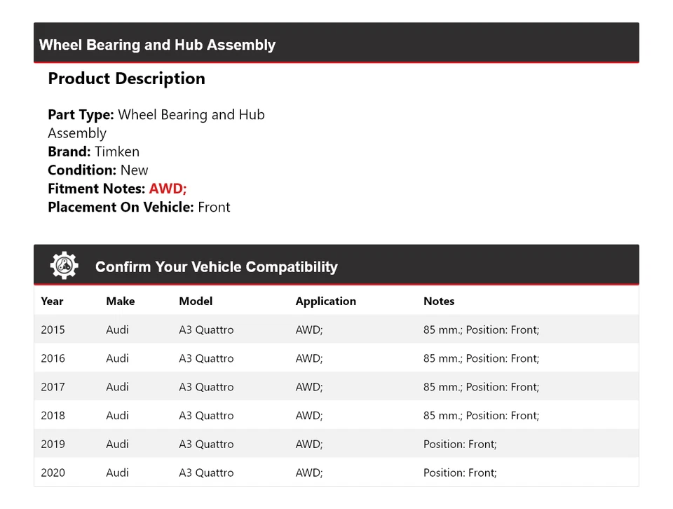 Conjunto de cojinete de rueda y buje delantero Timken para Audi A3 Quattro 2015-2020 AWD Foto 2 de 4