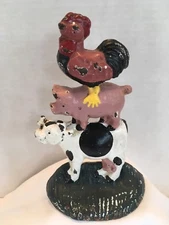 Vintage 8" Painted Cast Iron Doorstop Rooster on a Pig, on a Cow