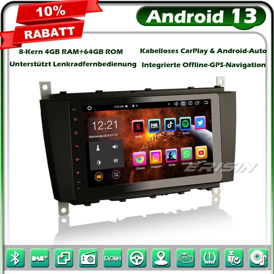 8-Kern Android 13 Autoradio 4G GPS Navi Mercedes C/CLC/G Klasse W203 W463 BT 5.0 - Bild 2 von 4