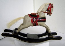 VTG Carved Wood Hand Painted Real Hair Small Gray Rocking Horse Toy