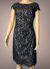 Eliza J Lace Sheath Dress Beige Black Size 4 Lined Embroidered Sequin Fringe