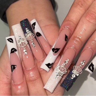 Punk Black White Glitter Tips Fake Nails with Rhinestones Decor Press On Nails