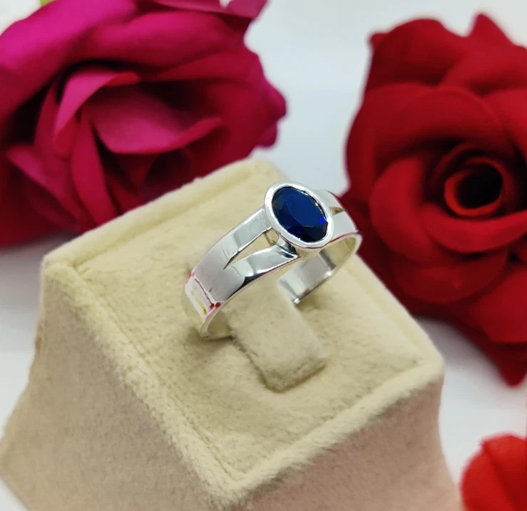 Anillo de zafiro azul natural para niños plata 925 piedra de nacimiento zafiro anillo para hombre Foto 4 de 4
