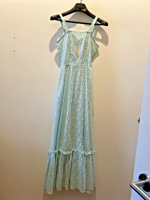 Vintage 1970 s CANDI JONES California Baby Blue Lace Overlay Summer MAXI Dress